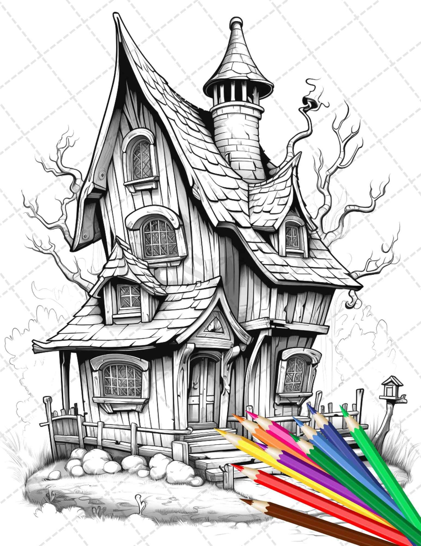 32 Spooky Houses Coloring Pages Printable for Adults, Grayscale Coloring Page, PDF File Instant Download