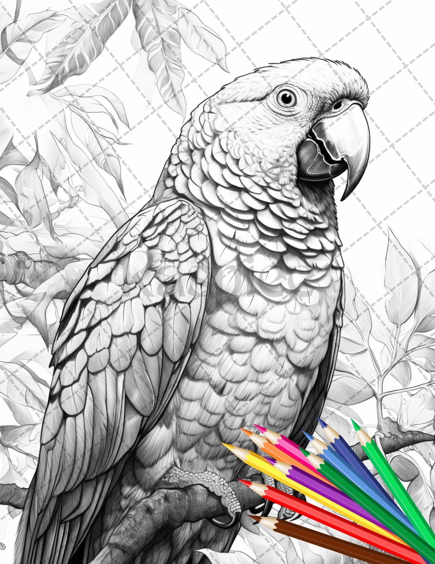 31 Tropical Birds Coloring Book for Adults, Grayscale Coloring Page, Printable PDF Instant Download