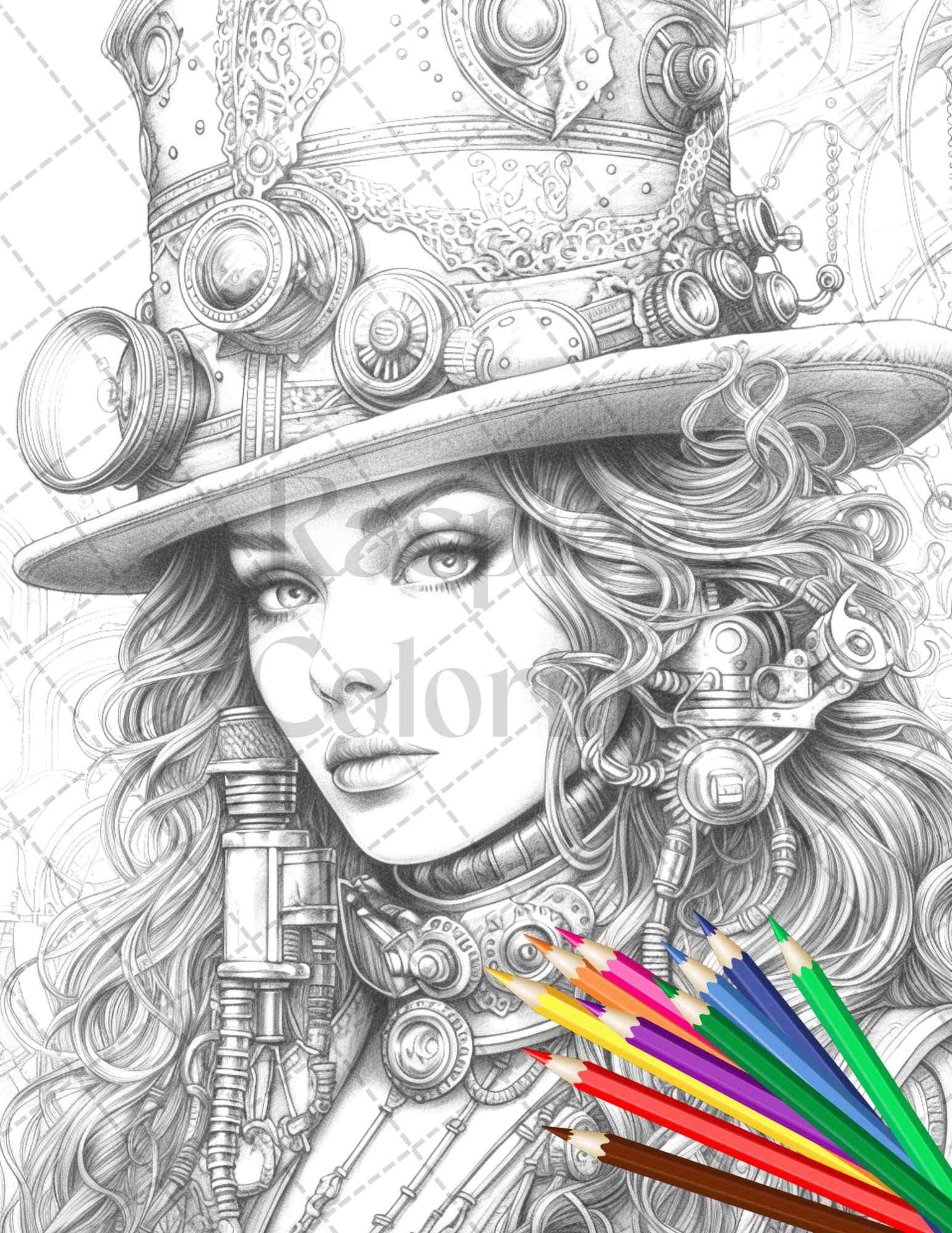 40 Steampunk Ladies Grayscale Coloring Pages Printable for Adults, PDF File Instant Download