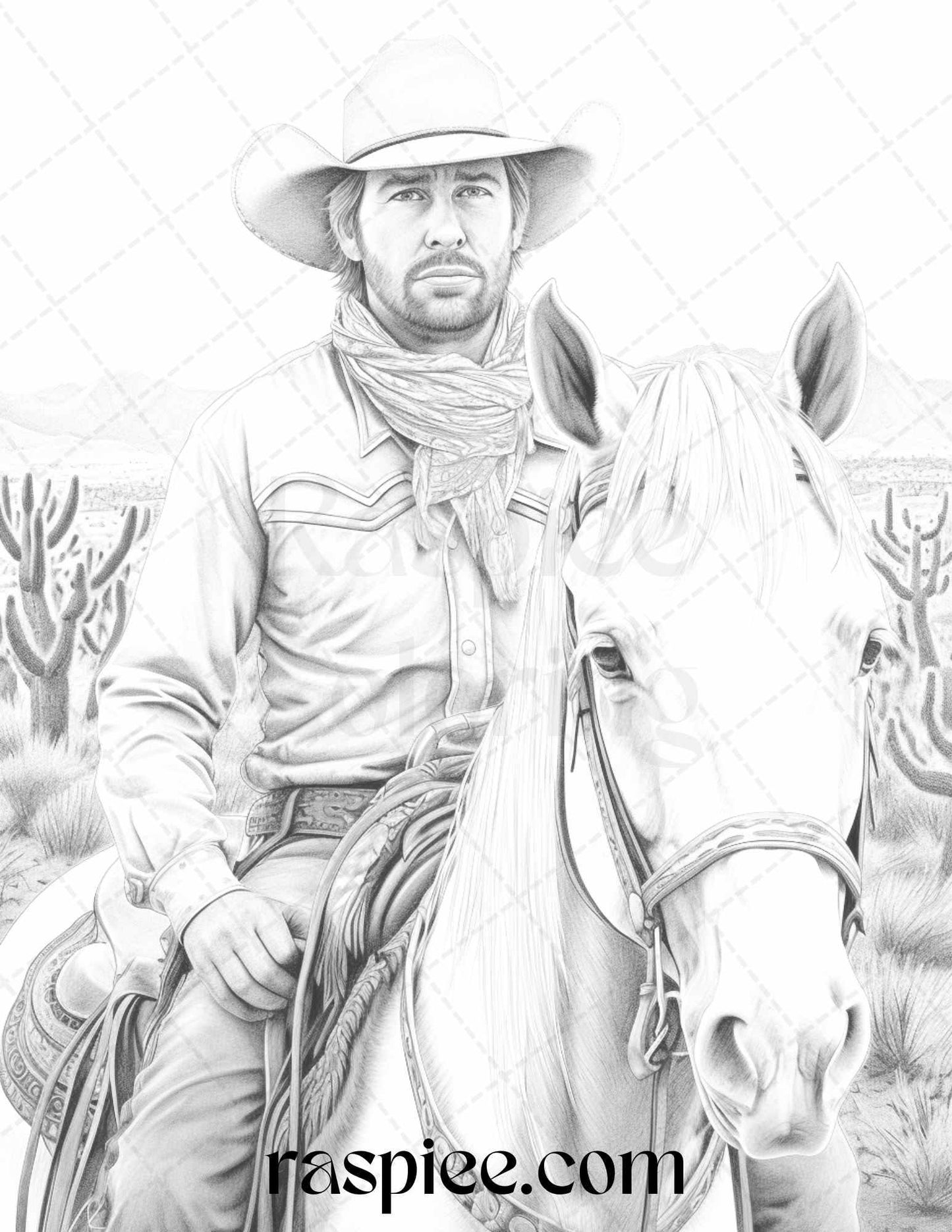 45 Wild West Cowboys Grayscale Coloring Pages Printable for Adults, PDF File Instant Download