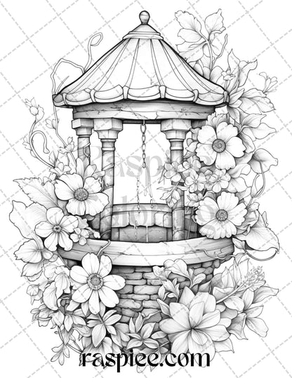 40 Whimsical Wishing Wells Grayscale Coloring Pages Printable for Adults, PDF File Instant Download