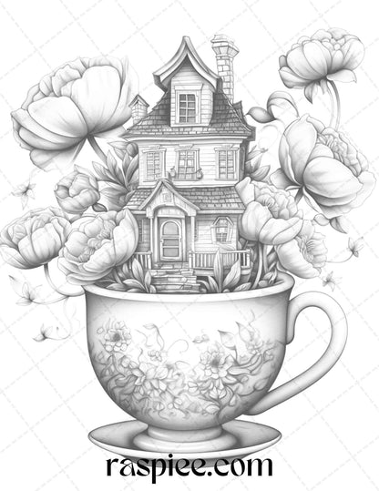 40 Flower Teacup Fairy Houses Grayscale Coloring Pages Printable for Adults, PDF File Instant Download