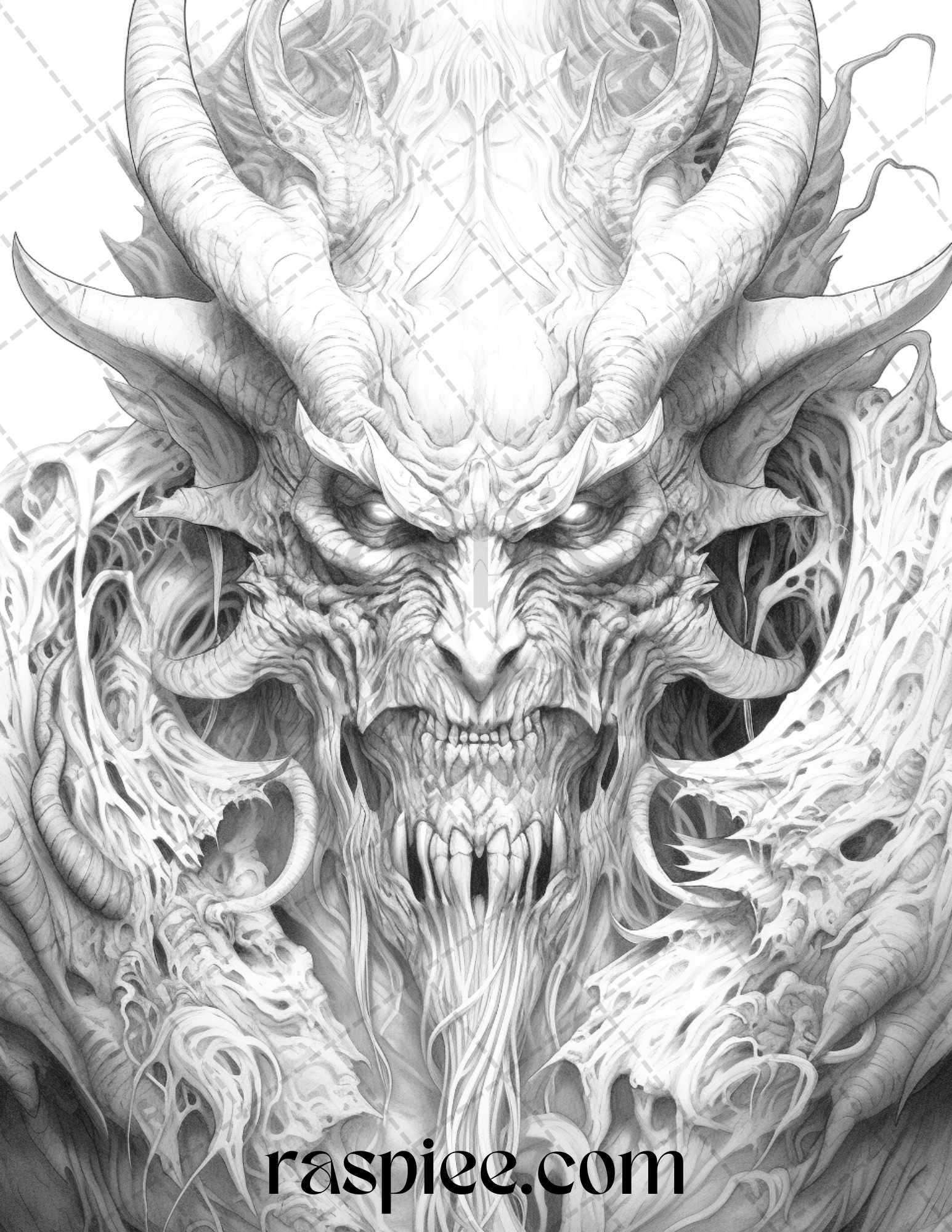 43 Fantasy Demons Grayscale Coloring Pages for Adults, Printable PDF File Instant Download