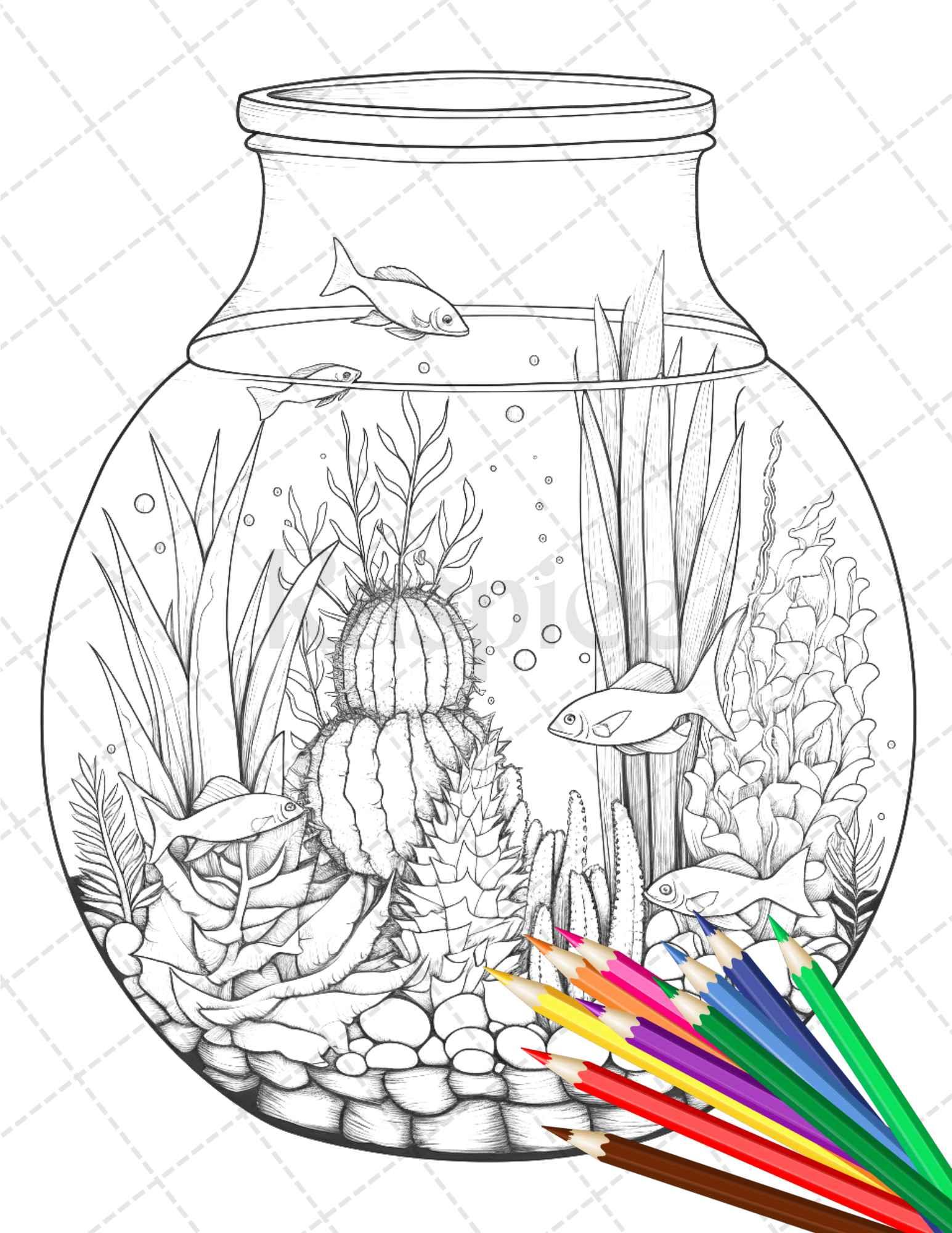 34 Enchanted Terrarium Grayscale Coloring Pages Printable for Adults, PDF File Instant Download