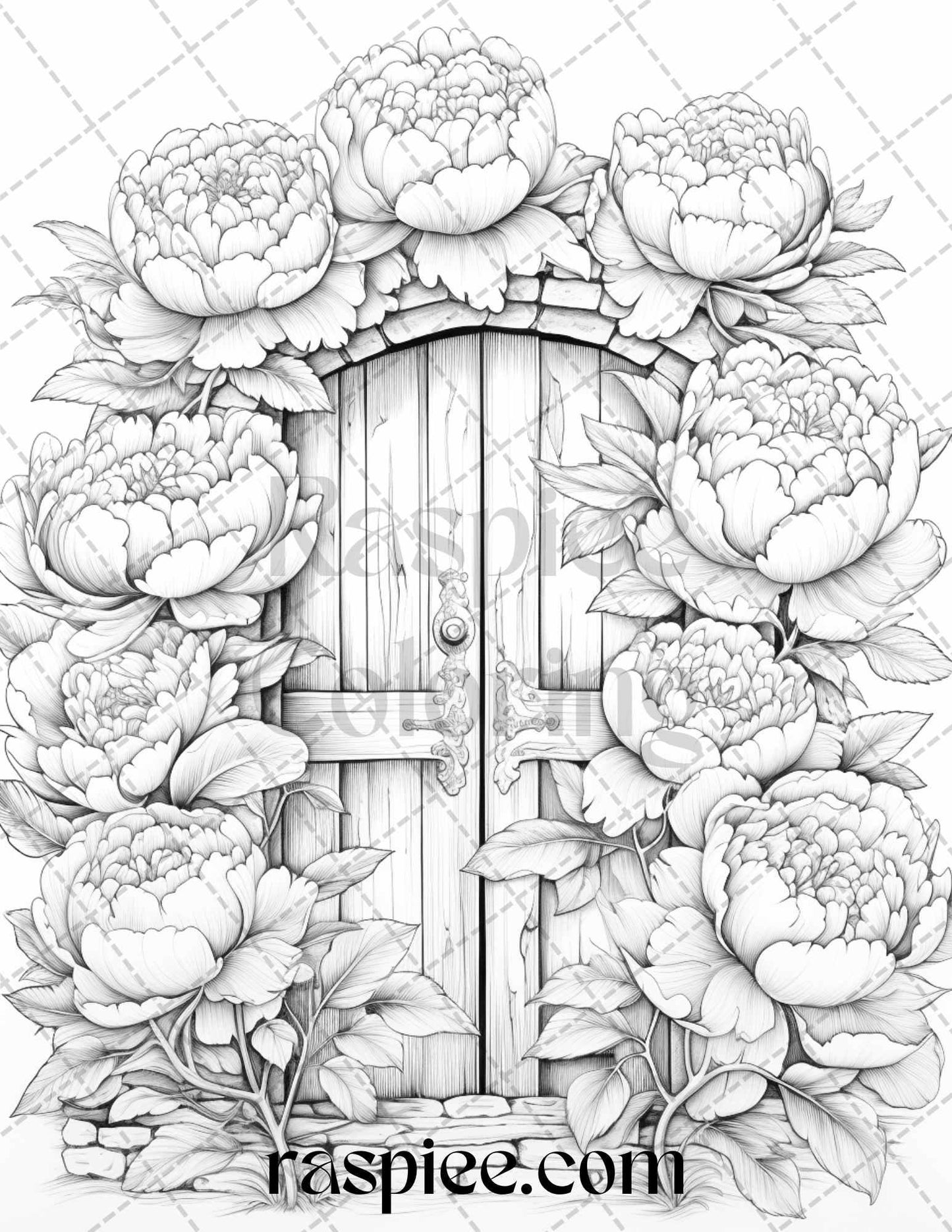 40 Flower Fairy Doors Grayscale Coloring Pages Printable for Adults, PDF File Instant Download