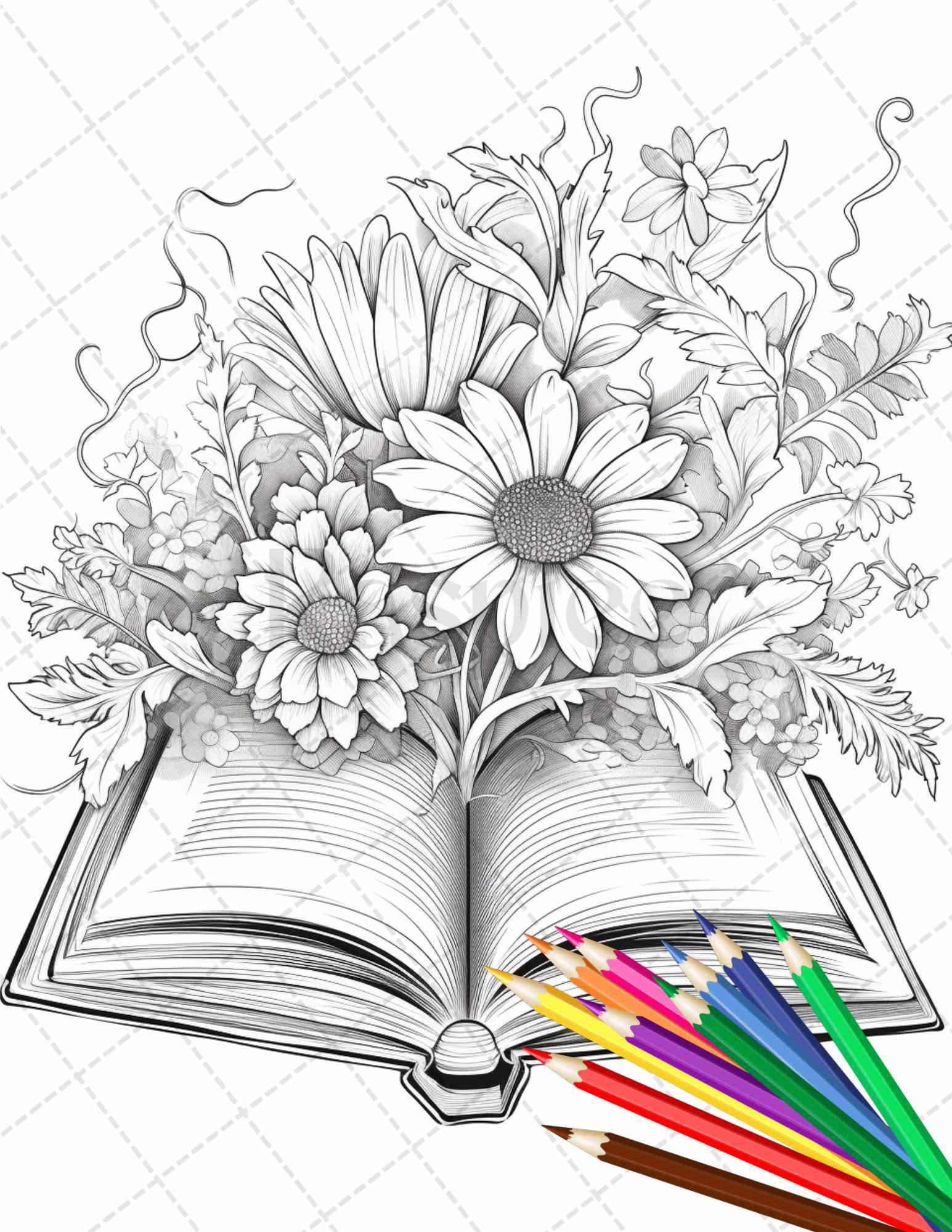 31 Book Flowers Coloring Pages Printable for Adults, Grayscale Coloring Page, PDF File Instant Download