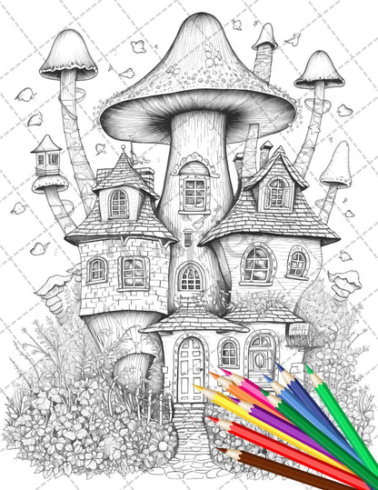 32 Whimsical Mushroom House Coloring Pages for Adults, Grayscale Coloring Book, Printable PDF File Download