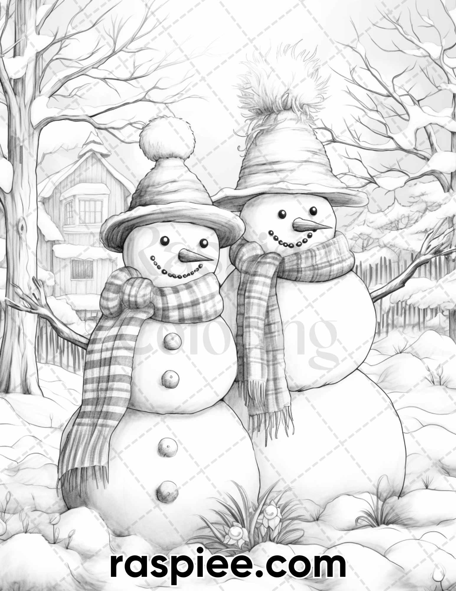 40 Chistmas Snowman Grayscale Coloring Pages for Adults, Printable PDF Instant Download