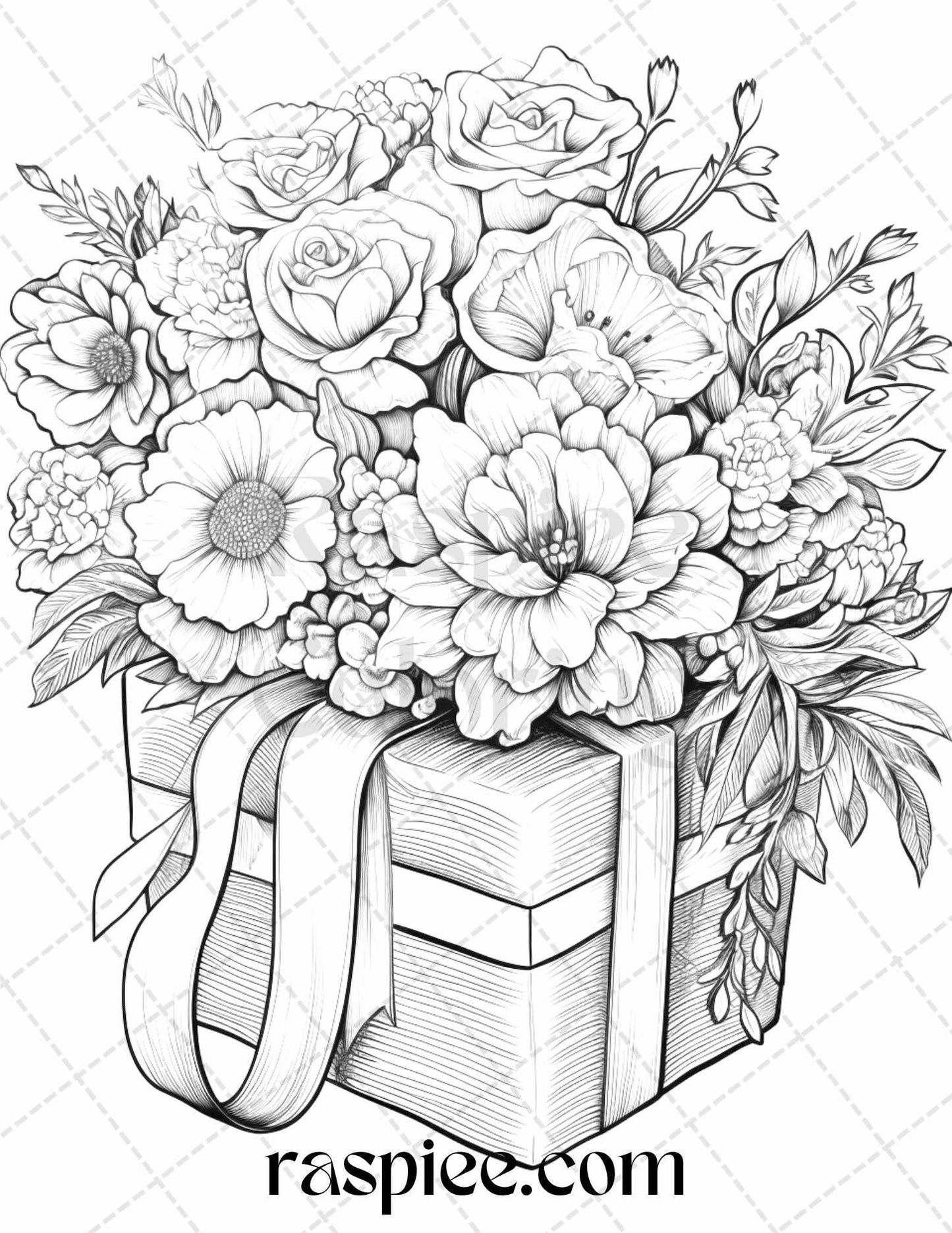 40 Flower Gift Box Grayscale Coloring Pages Printable for Adults Kids, PDF File Instant Download