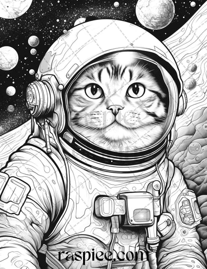 40 Cat Astronaut Grayscale Coloring Pages Printable for Adults Kids, PDF File Instant Download