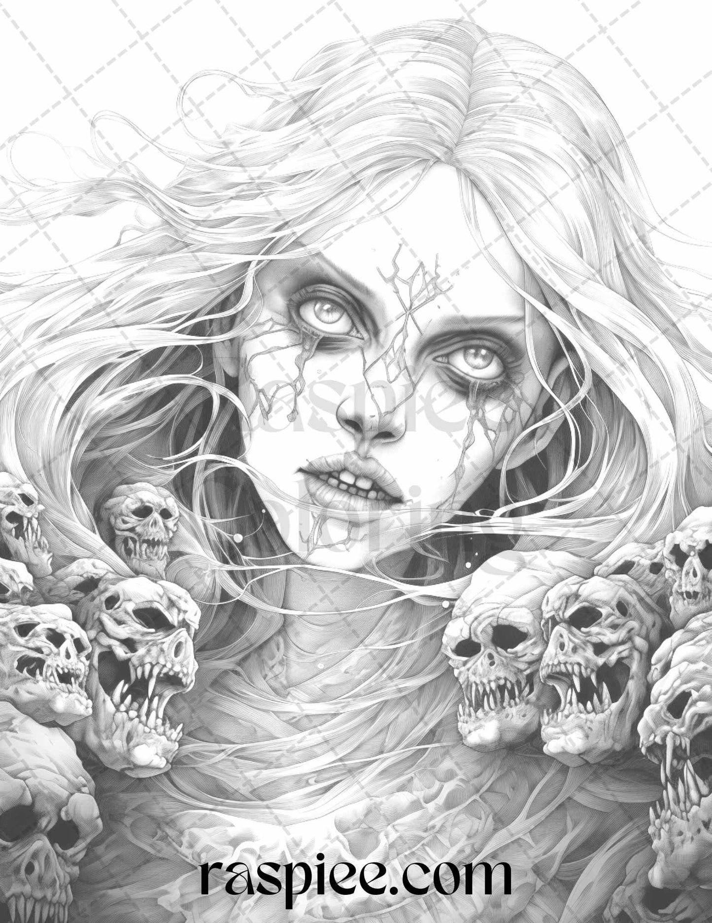 40 Scary Zombie Girls Grayscale Coloring Pages Printable for Adults, PDF File Instant Download