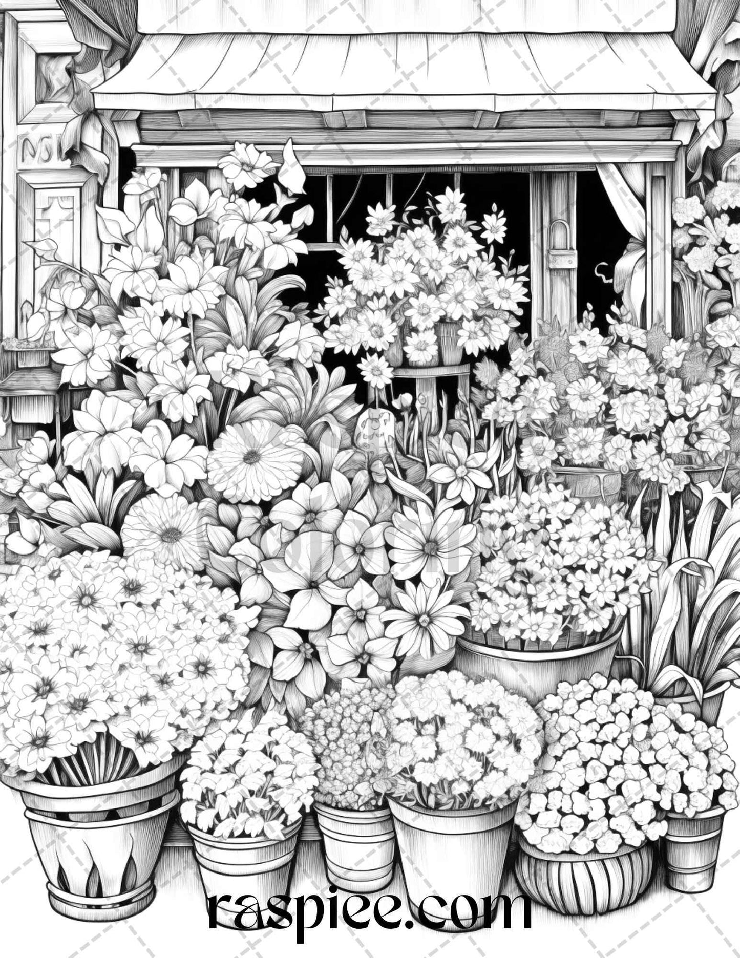 45 Flower Store Front Grayscale Coloring Pages Printable for Adults, PDF File Instant Download