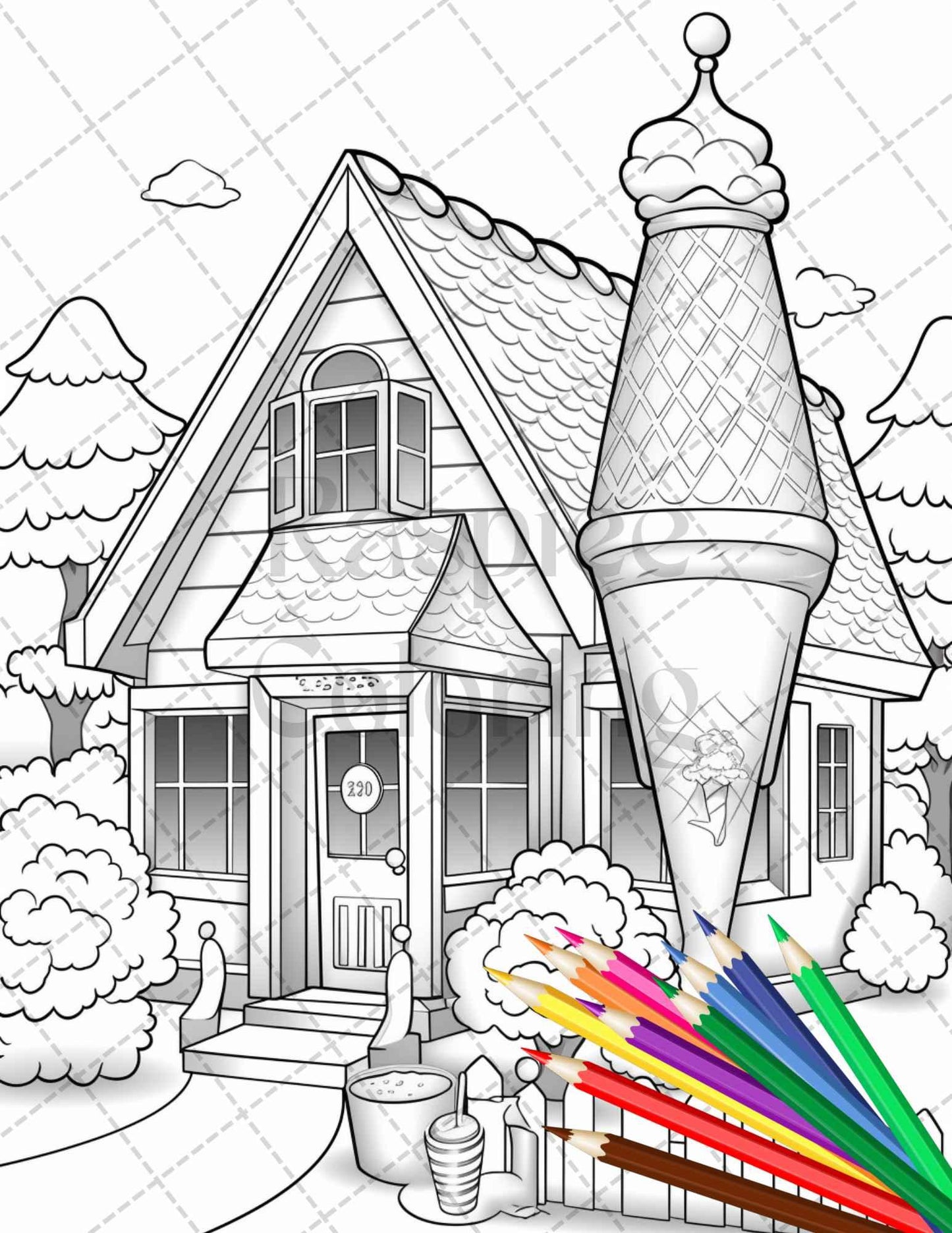 33 Ice Cream Houses Grayscale Coloring Pages Printable for Adults and Kids, PDF File Instant Download