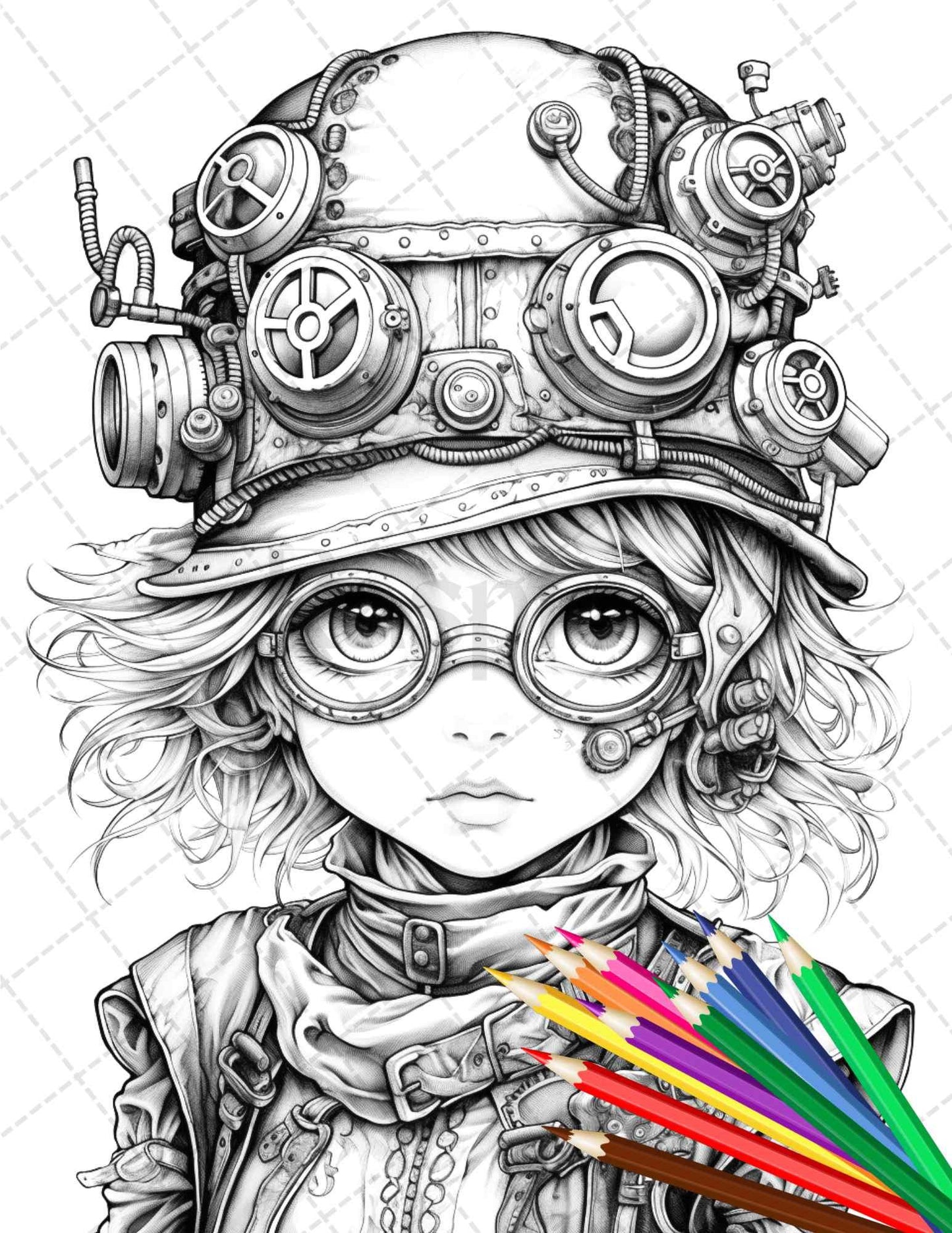 31 Adorable Steampunk Girls Coloring Pages Printable for Adults, Grayscale Coloring Page, PDF File Instant Download