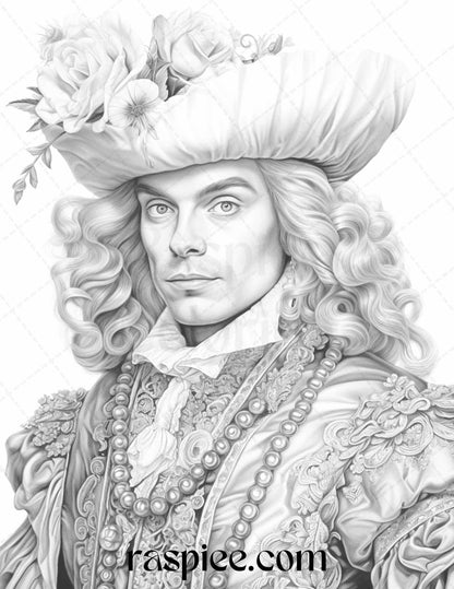 50 Baroque Man Portrait Grayscale Graysale Coloring Pages Printable for Adults, PDF File Instant Download