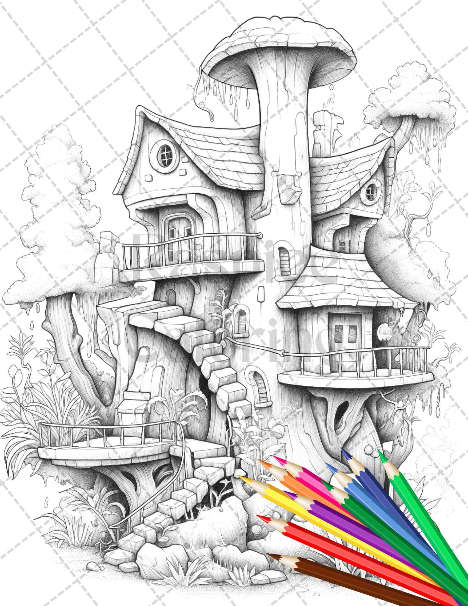 46 Fantasy Cactus Houses Grayscale Coloring Pages Printable for Adults, PDF File Instant Download