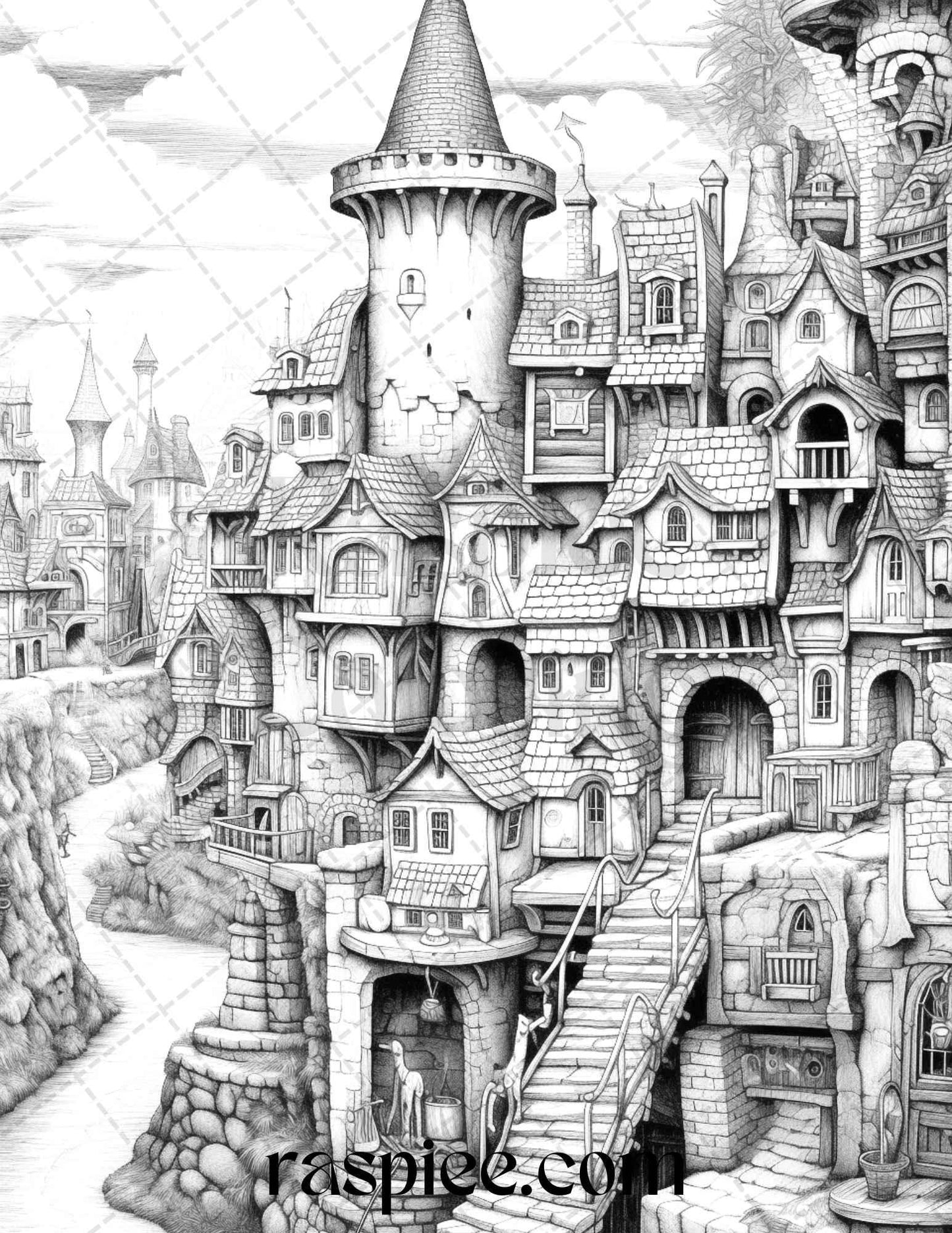 40 Fantasy Village Grayscale Coloring Pages Printable for Adults, PDF File Instant Download