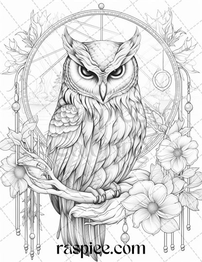 40 Floral Owl Grayscale Printable Coloring Pages for Adults, PDF File Instant Download