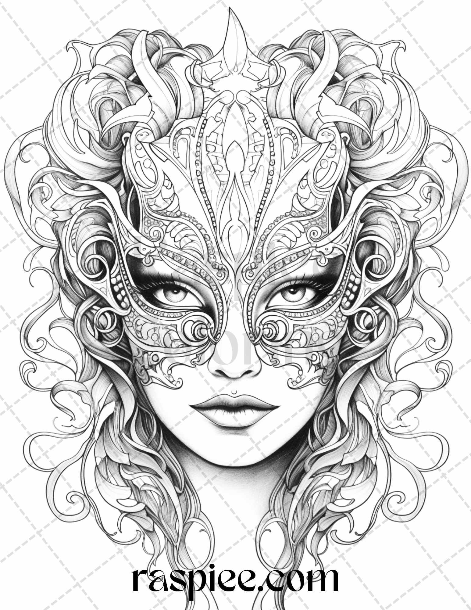 40 Masquerade Masks Grayscale Coloring Pages Printable for Adults, PDF File Instant Download