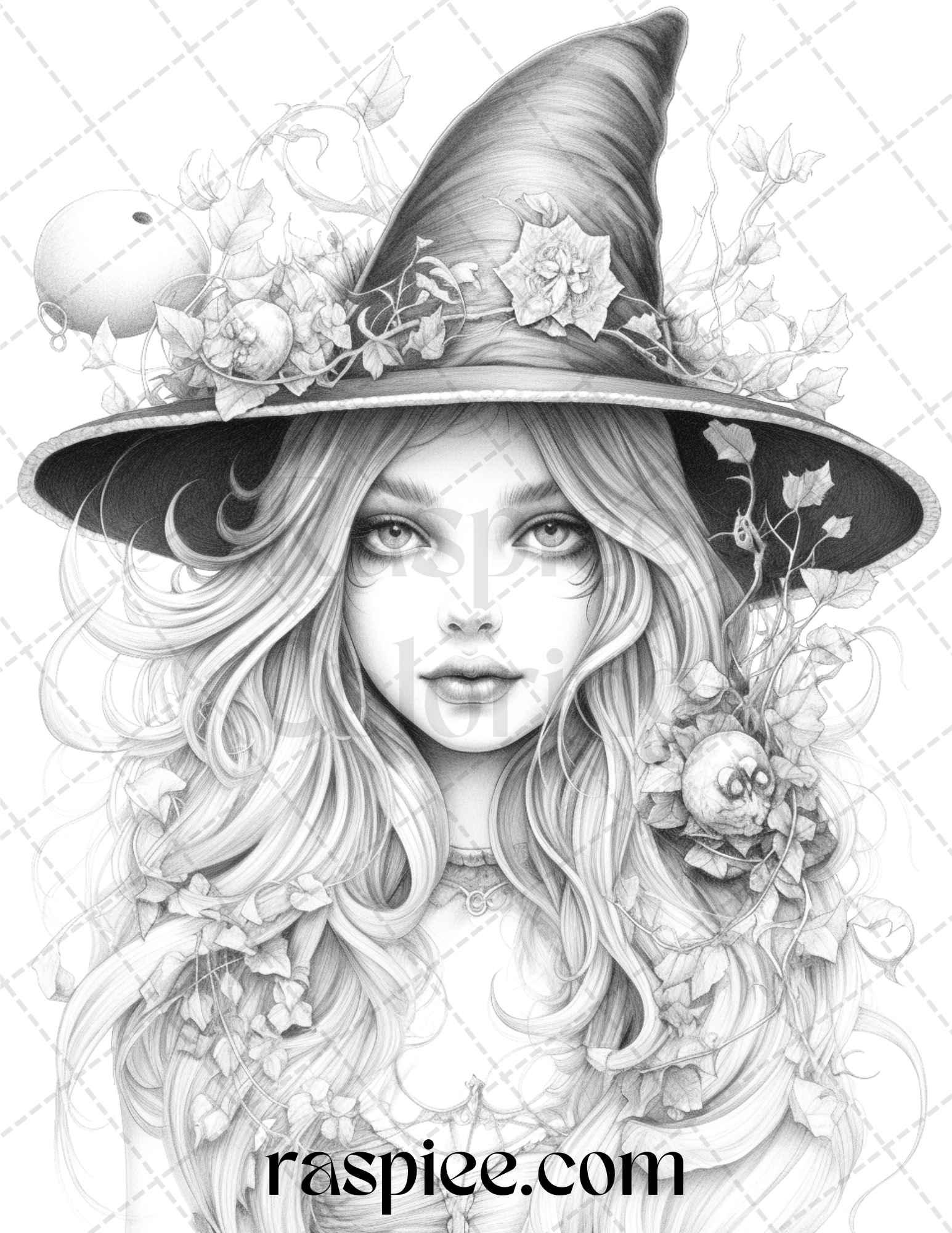 40 Beautiful Witches Grayscale Coloring Pages Printable for Adults, PDF File Instant Download