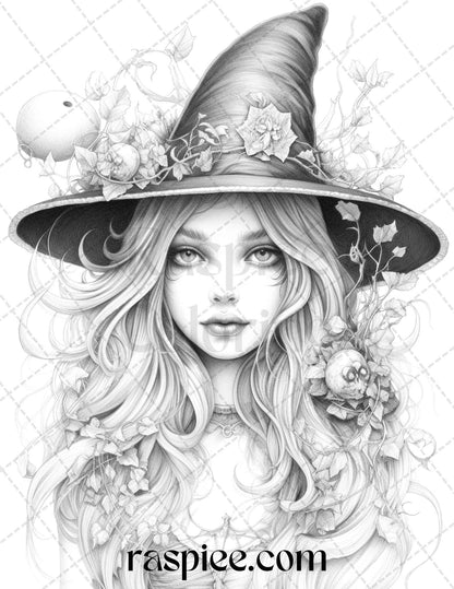 40 Beautiful Witches Grayscale Coloring Pages Printable for Adults, PDF File Instant Download