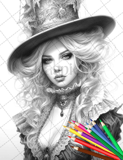 40 Beautiful Gothic Girls Grayscale Coloring Pages Printable for Adults, PDF File Instant Download