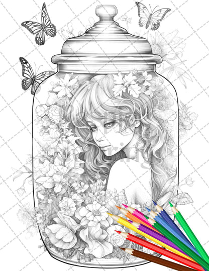 40 Beautiful Fairies in Jar Grayscale Coloring Pages Printable for Adults, PDF File Instant Download