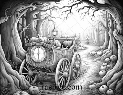 40 Halloween Landscapes Grayscale Coloring Pages Printable for Adults, PDF File Instant Download