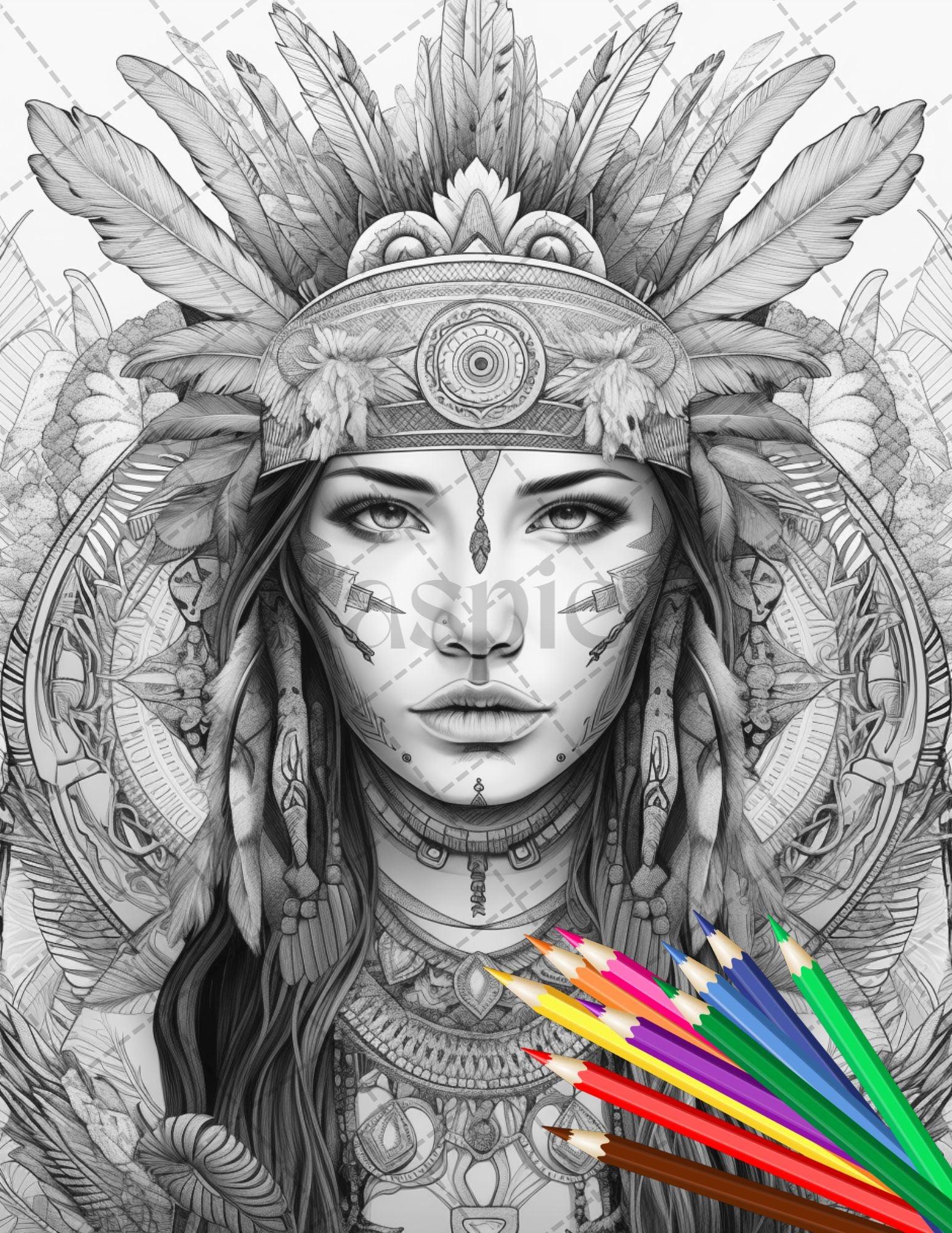 30 Native American Girls Printable Coloring Pages for Adult, Native American Culture Grayscale Coloring Book, Printable PDF File Download