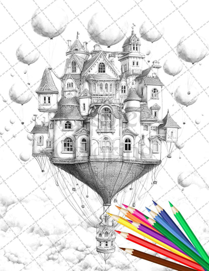 40 Fantasy Sky Houses Grayscale Coloring Pages Printable for Adults, PDF File Instant Download