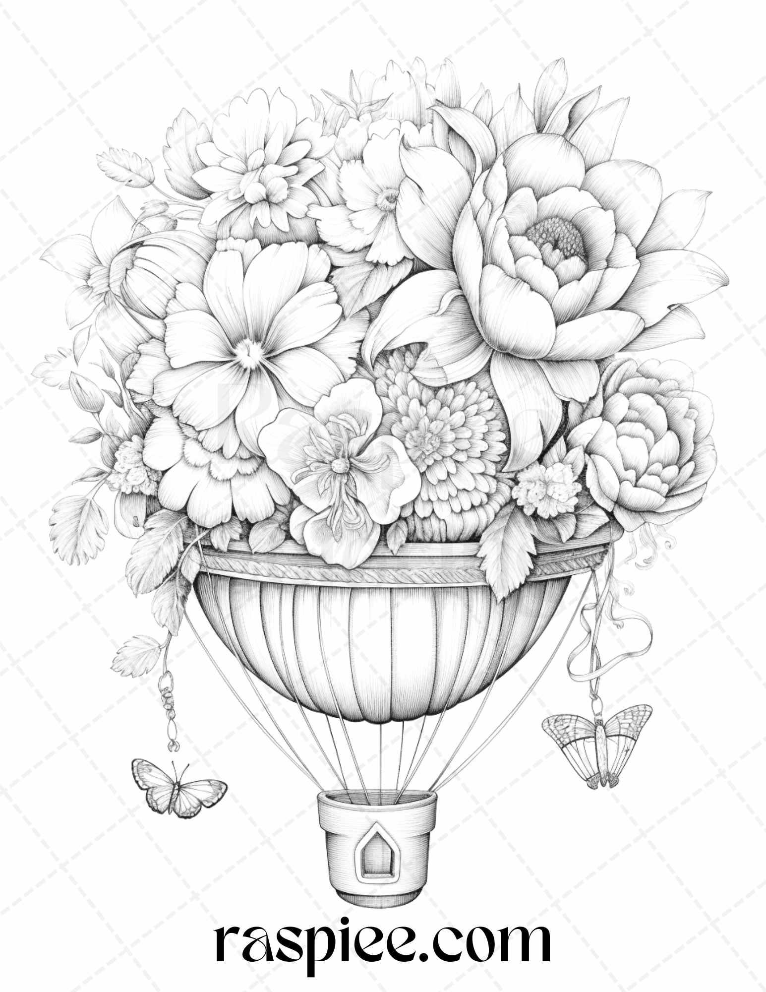 42 Flower Hot Air Balloons Grayscale Coloring Pages Printable for Adults, PDF File Instant Download