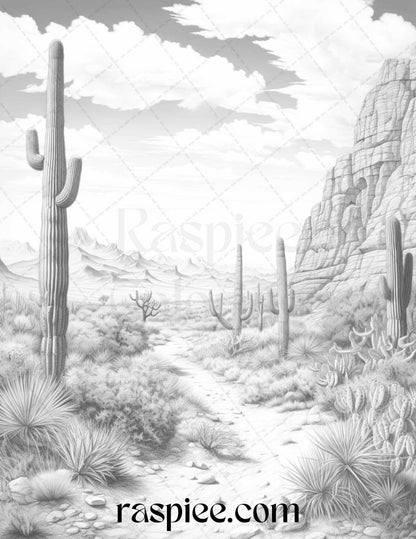 40 Desert Landscapes Grayscale Coloring Pages Printable for Adults, PDF File Instant Download