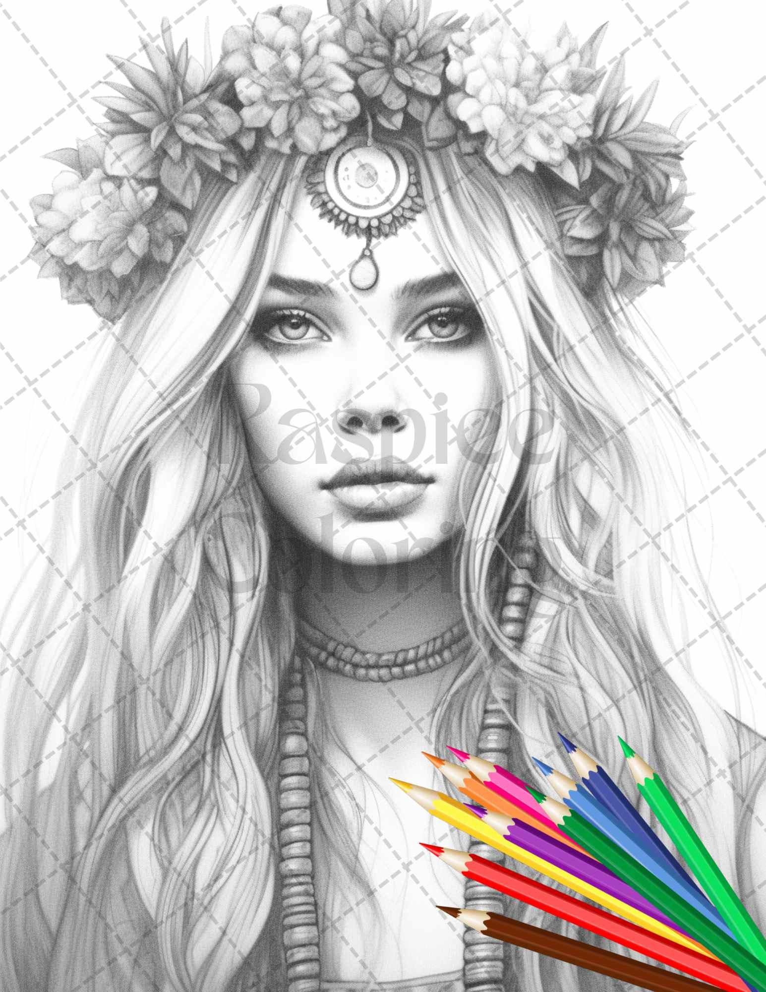 43 Beautiful Hippie Girls Grayscale Coloring Pages Printable for Adults, PDF File Instant Download