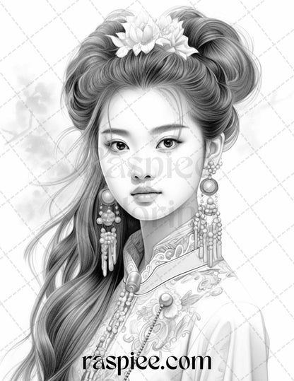 40 Beautiful Chinese Girls Grayscale Coloring Pages for Adults, Printable PDF File Instant Download