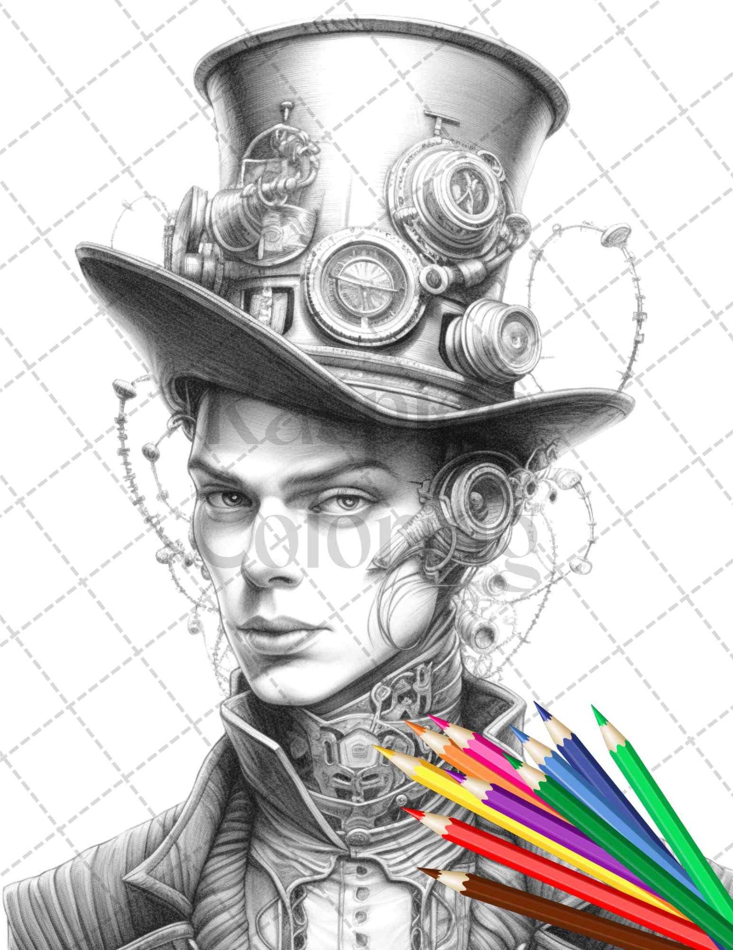 42 Steampunk Mens Grayscale Coloring Pages Printable for Adults, PDF File Instant Download