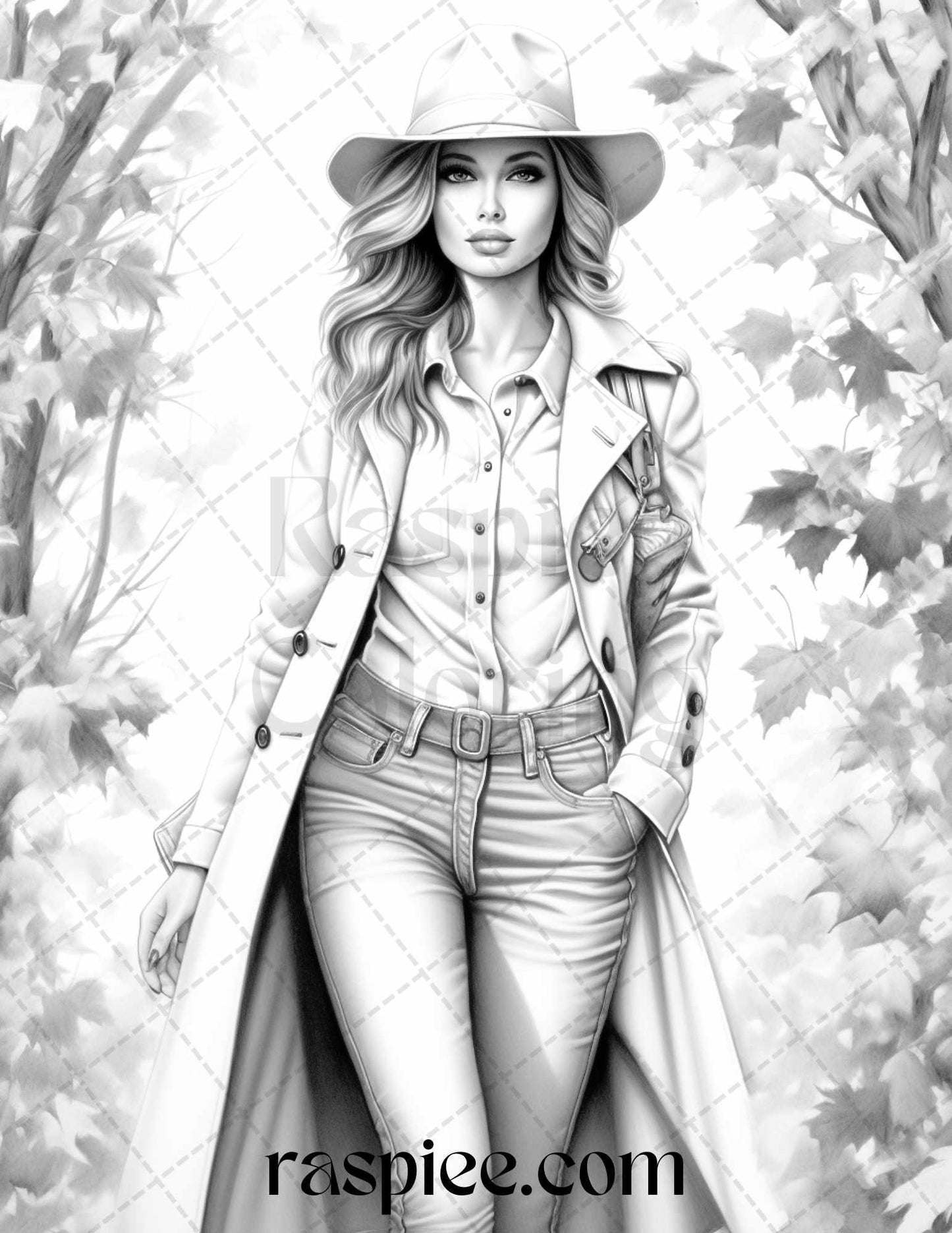 40 Fall Fashion Grayscale Coloring Pages for Adults, Printable PDF File Instant Download