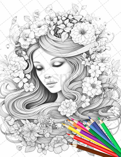 38 Flower Goddess Coloring Pages Printable for Adults, Grayscale Coloring Page, PDF File Instant Download