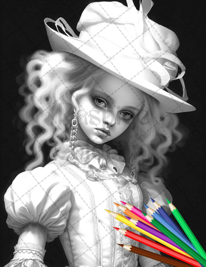 40 Creepy Porcelain Dolls Grayscale Coloring Pages for Adults, PDF File Instant Download