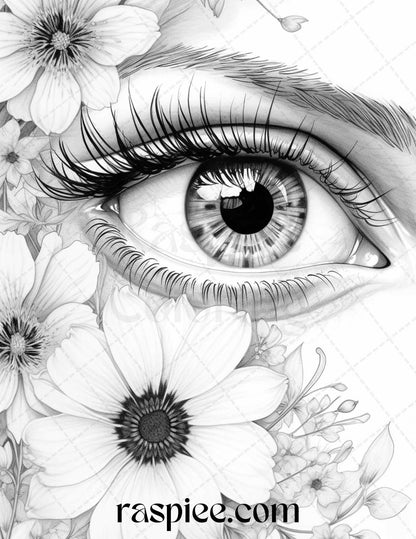 40 Charming Eyes Grayscale Coloring Pages Printable for Adults, PDF File Instant Download