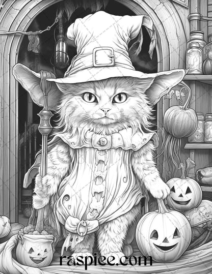 40 Halloween Witch Cat Grayscale Coloring Pages Printable for Adults, PDF File Instant Download