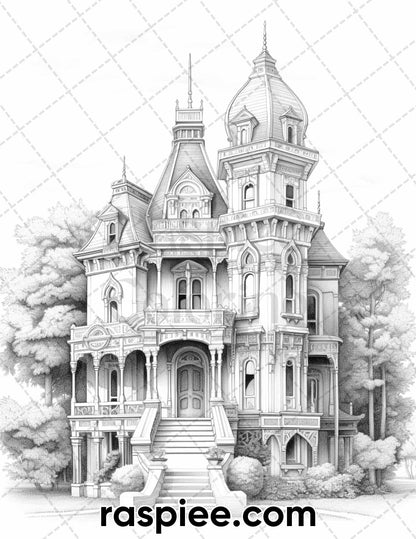 40 Victorian Mansions Grayscale Coloring Pages for Adults, Printable PDF Instant Download