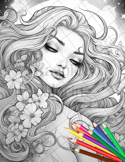 34 Beautiful Moon Fairies Grayscale Coloring Pages Printable for Adults, PDF File Instant Download