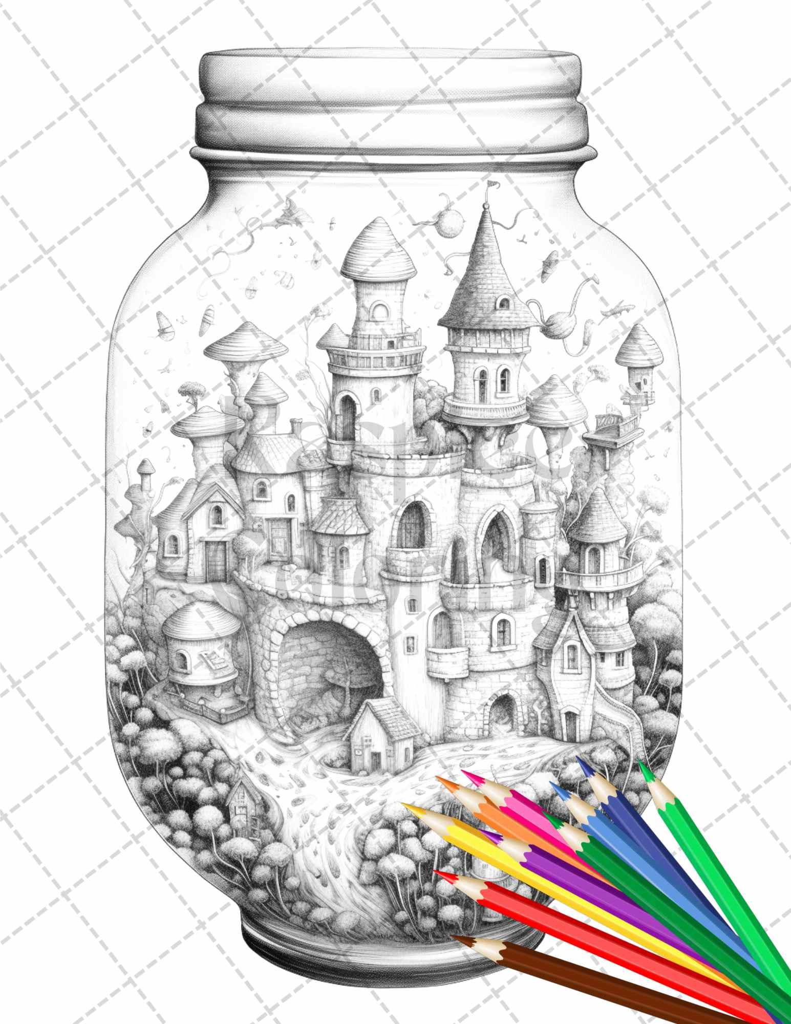 42 Fantasy Castle In Jar Grayscale Coloring Pages Printable for Adults, PDF File Instant Download