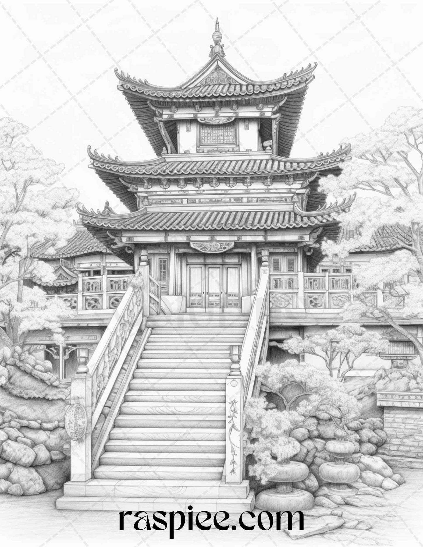 40 Traditional Chinese Houses Grayscale Coloring Pages Printable for Adults, PDF File Instant Download