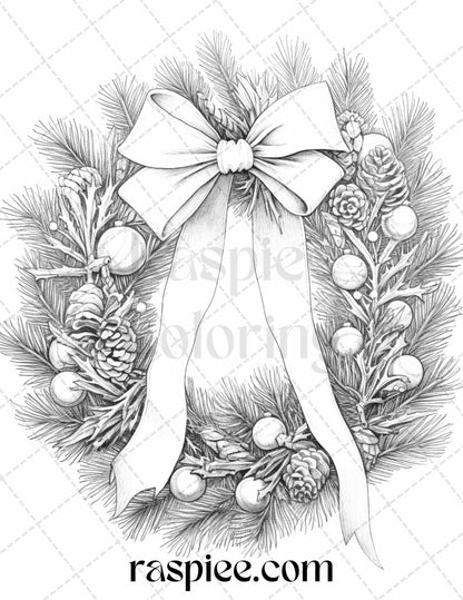 40 Christmas Wreath Grayscale Coloring Pages Printable for Adults, PDF File Instant Download