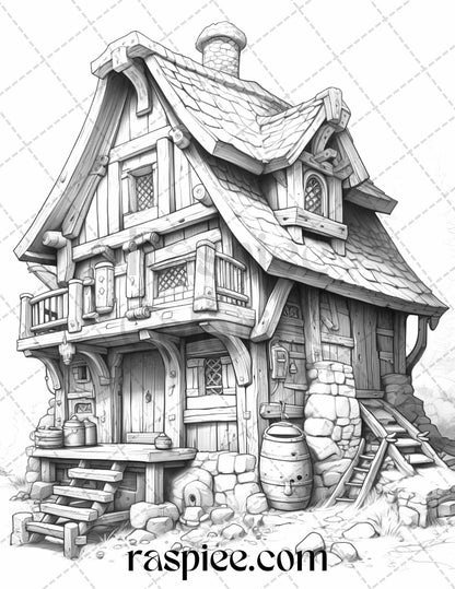 40 Viking Houses Grayscale Coloring Pages Printable for Adults, PDF File Instant Download