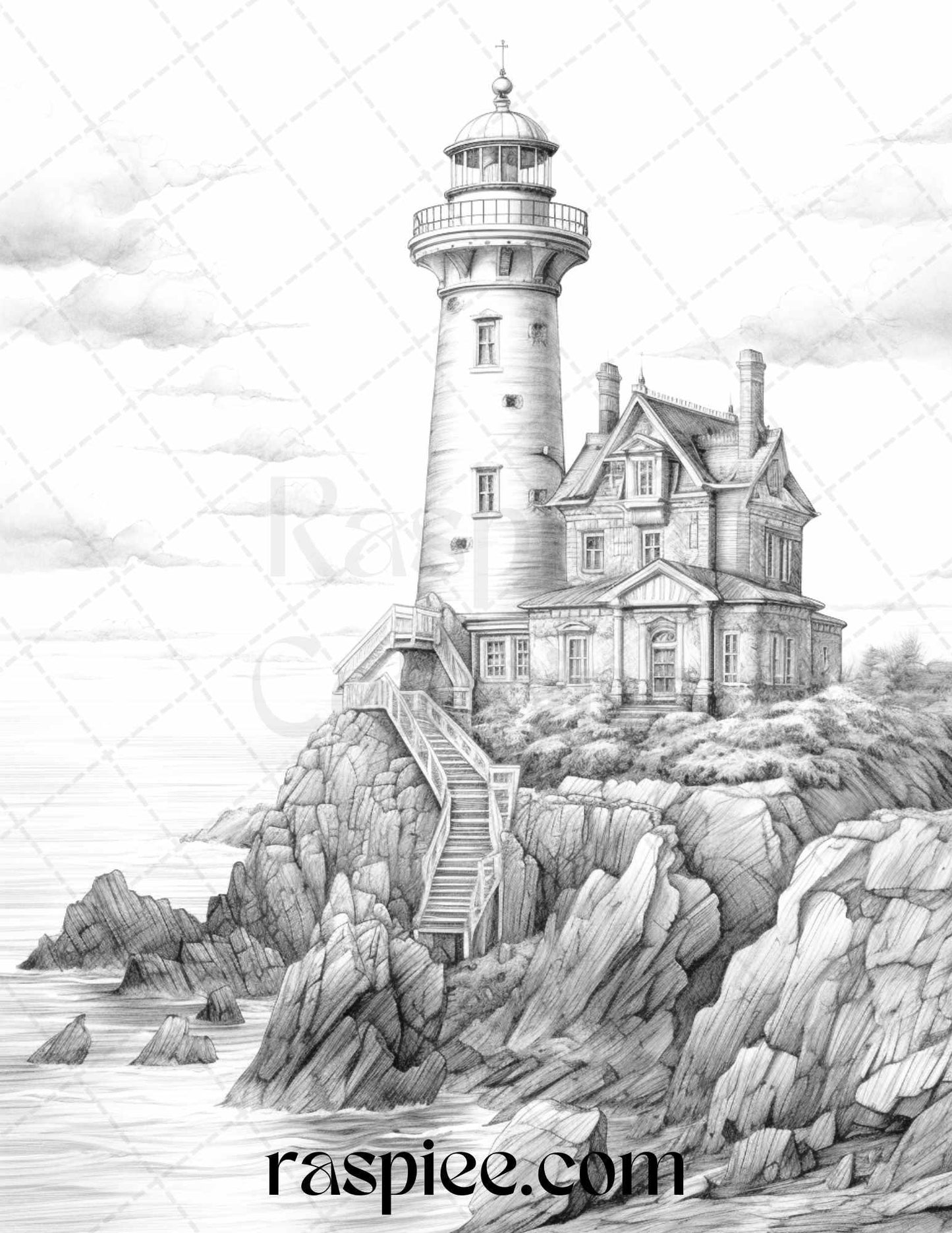 40 Majestic Lighthouses Grayscale Coloring Pages Printable for Adults, PDF File Instant Download