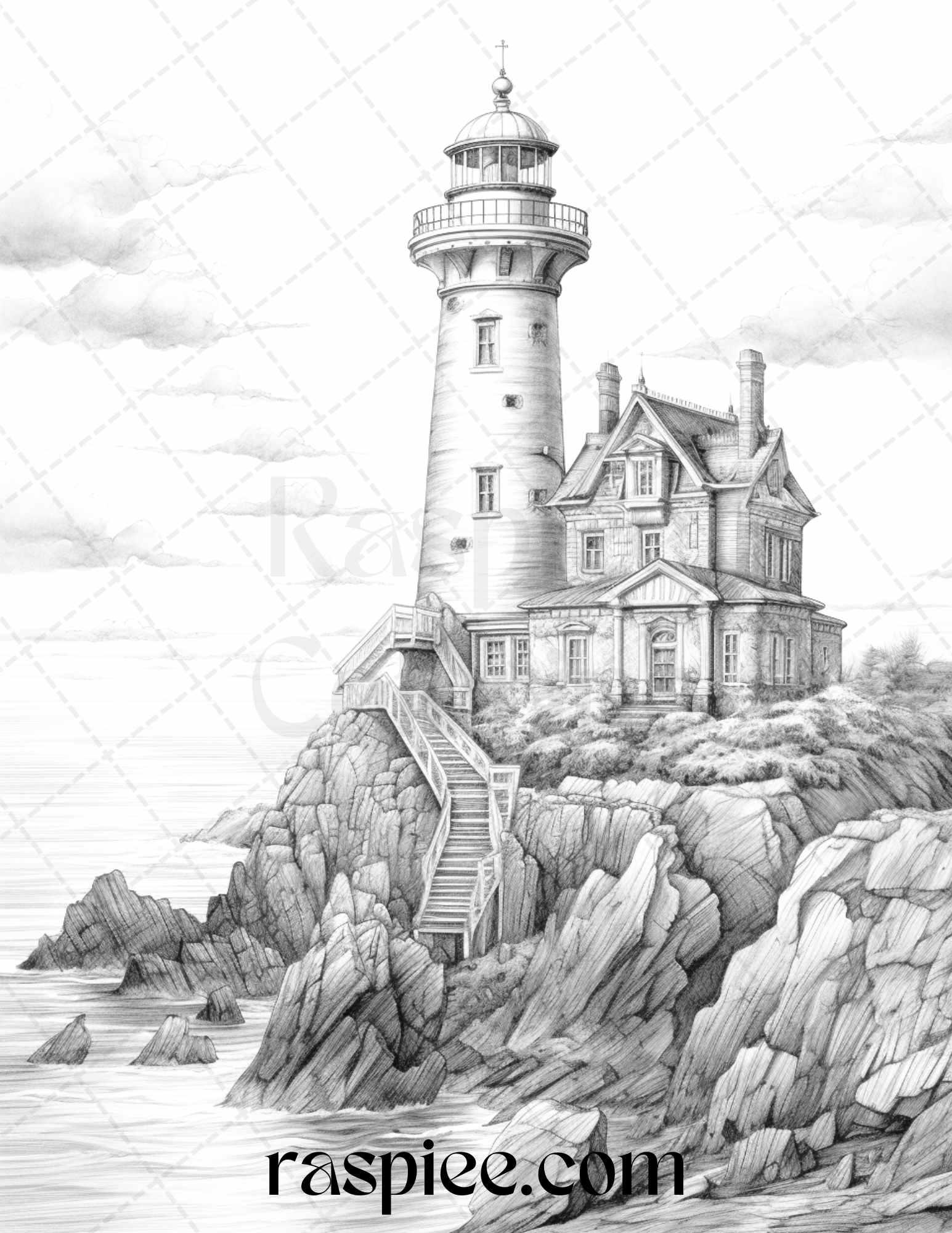 40 Majestic Lighthouses Grayscale Coloring Pages Printable for Adults, PDF File Instant Download