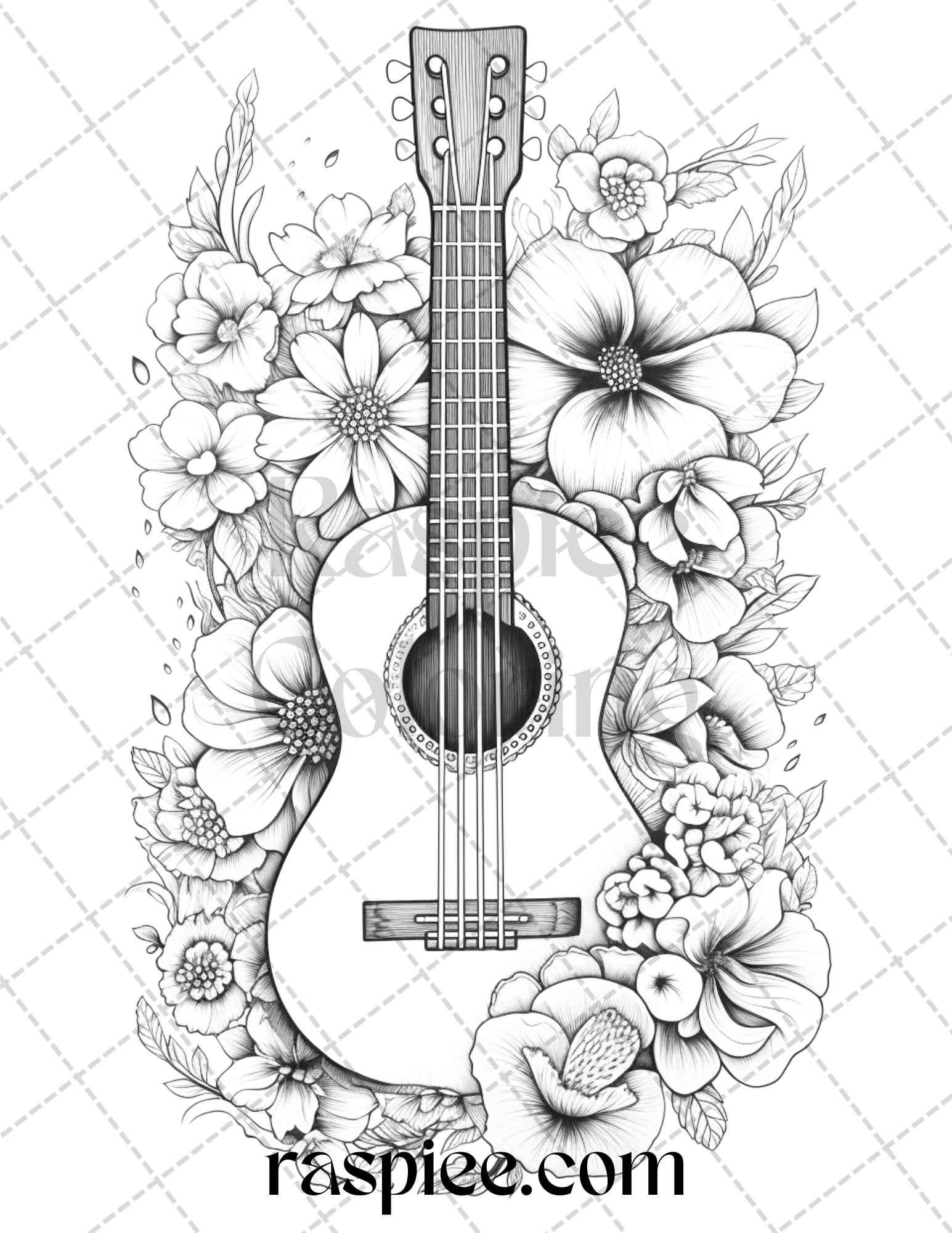 30 Musical Instrument Flower Grayscale Coloring Pages Printable for Adults, PDF File Instant Download