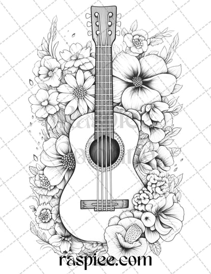 30 Musical Instrument Flower Grayscale Coloring Pages Printable for Adults, PDF File Instant Download